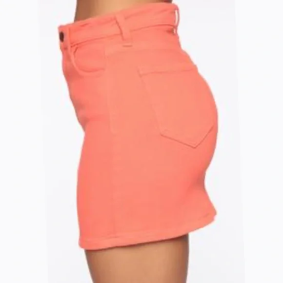 FASHION NOVA—NEON CORAL STRETCH—5 POCKET DENIM—MINI SKIRT!! (BNWT/IN ORIGINAL)!! - Picture 4 of 9